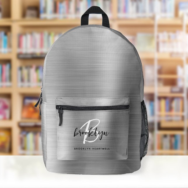 Sac À Dos Imprimé Monogramme de métal brossé argent Nom (Créateur téléchargé)