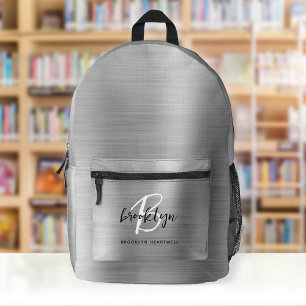 Sac À Dos Imprimé Monogramme de métal brossé argenté avec nom