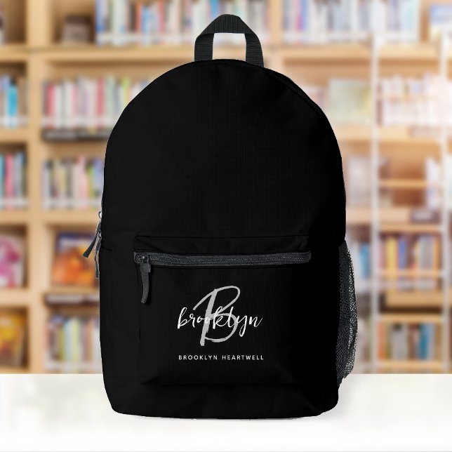 Sac À Dos Imprimé Monogramme de nom de script gris blanc (Créateur téléchargé)