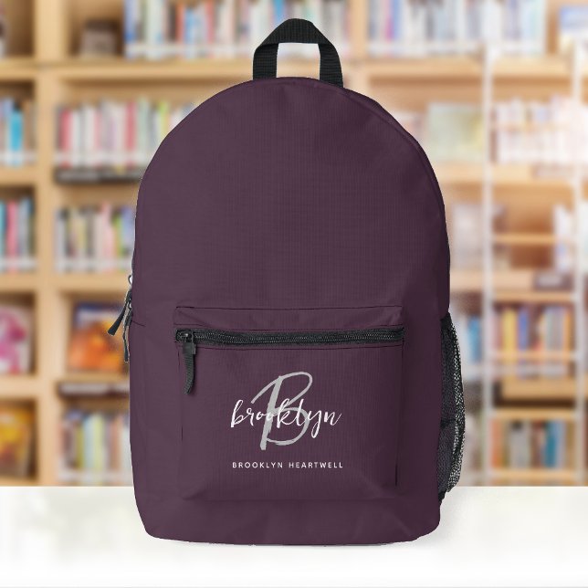 Sac À Dos Imprimé Monogramme de nom en script violet gris blanc (Créateur téléchargé)