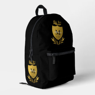 Sac À Dos Imprimé Monogramme du bouclier royal noir et or