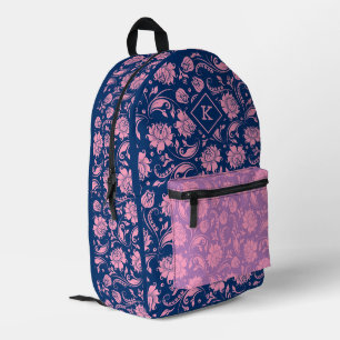 Sac À Dos Imprimé monogramme du motif de damas floral rose et bleu