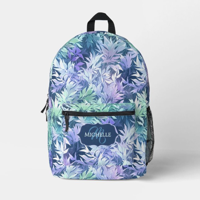 Sac À Dos Imprimé Monogramme Élégant Feuilles Bleues Vertes (Recto)