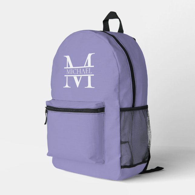 Sac À Dos Imprimé Monogramme et nom Elegant Purple Personnalisé (Coin arrière droit)