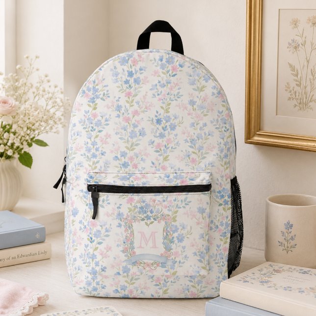 Sac À Dos Imprimé Monogramme Floral Féminin (elegant preppy girly grandmillennial floral backpack with custom monogram initial family crest)