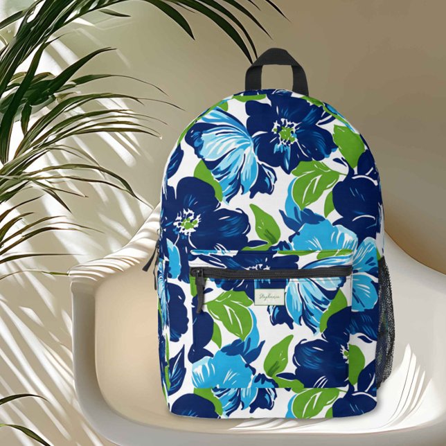 Sac À Dos Imprimé Monogramme floral moderne bleu et vert (Add a burst of color and flair to your everyday adventures with this stunning floral backpack. )