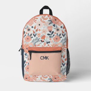 Sac À Dos Imprimé Monogramme Floral Moderne Rose Pâle et Bleu Marine