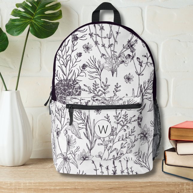Sac À Dos Imprimé Monogramme floral simple noir et blanc (Créateur téléchargé)