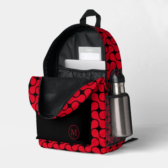 Sac À Dos Imprimé Monogramme géométrique moderne rouge et noir (Coin arrière droit (ouvert))