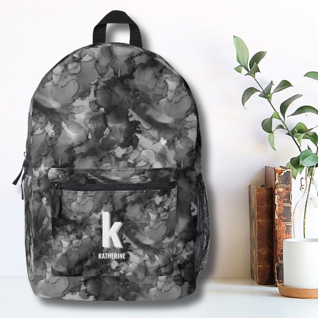 Sac À Dos Imprimé Monogramme Initial Aquarelle Filles Noir Blanc (Cute Monogram Initial Name Black White Watercolor Printed Backpack)