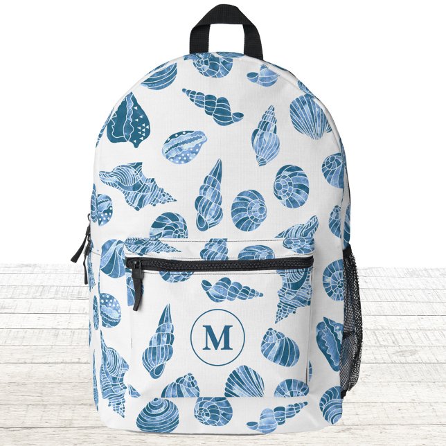 Sac À Dos Imprimé Monogramme Initial Nautilus Aquarelle Maritime Coq (Modern blue and white watercolor sea shell pattern monogram initial personalized backpack)