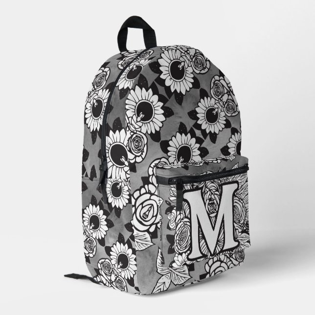 Sac À Dos Imprimé Monogramme "M" Motif de tatouage floral noir blanc (Coin arrière gauche)