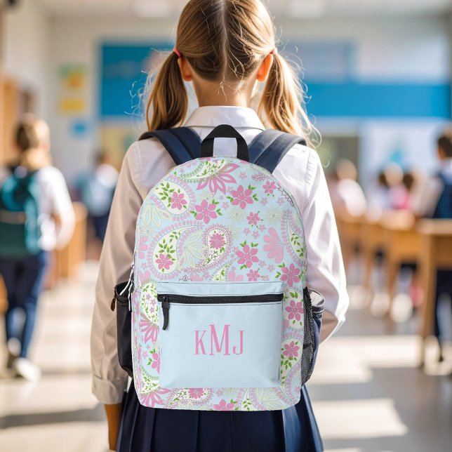 Sac À Dos Imprimé Monogramme mignon Paisley rose bleu Personnalisé (Pink and blue paisley pattern monogram backpack)