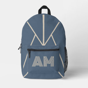 Sac À Dos Imprimé Monogramme Minimaliste Bleu Ardoise et Beige Sable