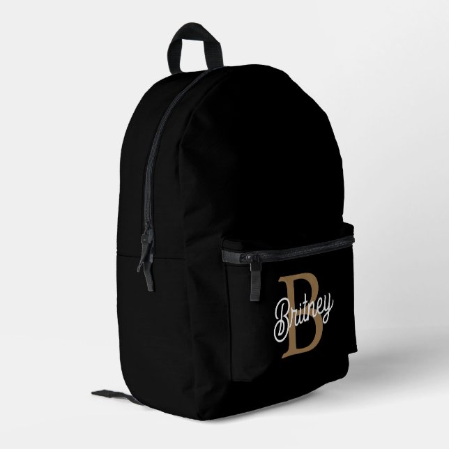 Sac À Dos Imprimé Monogramme moderne élégant Nom Black Gold Script (Coin arrière gauche)