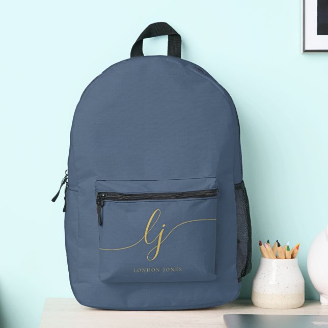Sac À Dos Imprimé Monogramme Moderne Minimal Marine Blue Gold Initia (Créateur téléchargé)
