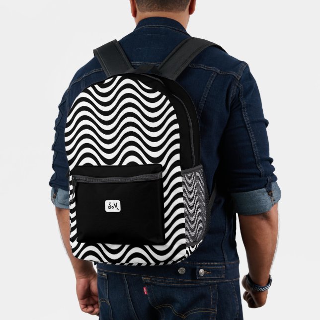 Sac À Dos Imprimé Monogramme Noir Blanc Wavy Stripes Psychedélique (Insitu (Modèle))