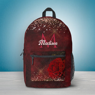 Sac À Dos Imprimé Monogramme pailleté faux or fleur rouge chic