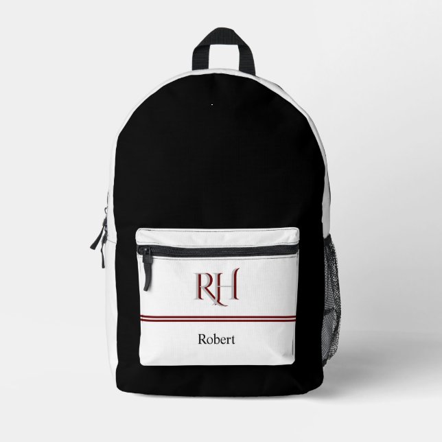Sac À Dos Imprimé Monogramme personnalisé et nom blanc gris rouge (Recto)