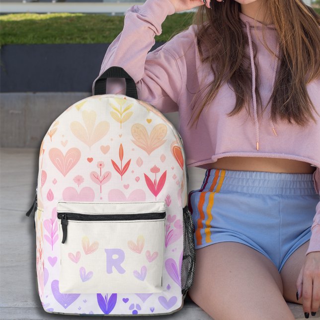 Sac À Dos Imprimé Monogramme personnalisé Motif de coeur dégradé (Gradient Hearts Pattern Personalized Monogram Printed Backpack)