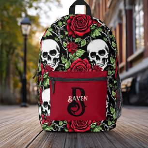 Sac À Dos Imprimé Monogramme personnalisé Rose rouge gothique et crâ