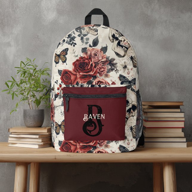 Sac À Dos Imprimé Monogramme personnalisé Rose rouge gothique et crâ (Créateur téléchargé)