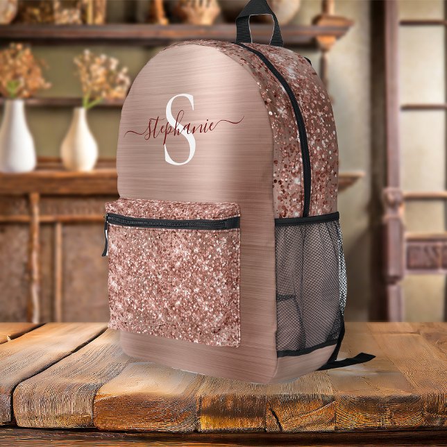 Sac À Dos Imprimé Monogramme Rose Gold Faux-Parties scintillant Girl (Monogram Rose Gold Glitter Girly Glam Printed Backpack)