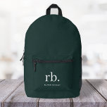 Sac À Dos Imprimé Monogramme vert foncé élégant minimaliste moderne<br><div class="desc">Un monogramme minimaliste avec de grandes initiales typographiques dans une police classique avec votre nom ci-dessous sur un arrière - plan vert foncé. Le cadeau ou accessoire parfaitement personnalisé !</div>