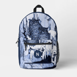 Sac À Dos Imprimé Moody Vintage Owls Navy et Blue Monogram