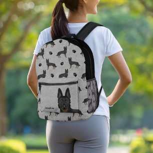 Sac À Dos Imprimé Motif Bi-Noir Berger Allemand Avec Nom Gris