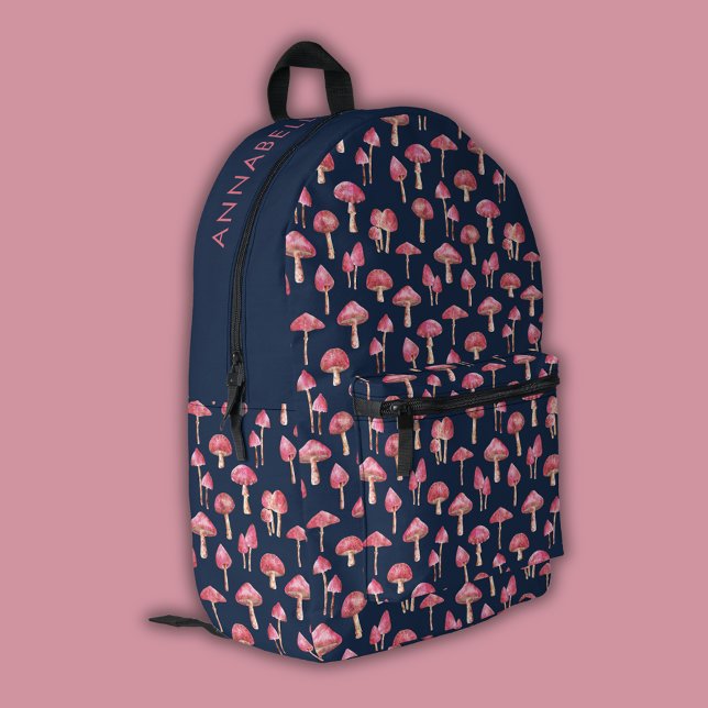 Sac À Dos Imprimé Motif champignon rose et bleu (Pink mushroom patterned and personalized backback.)
