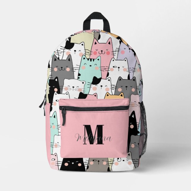 Sac À Dos Imprimé Motif Chats Kawaii Monogramme Nom (Recto)