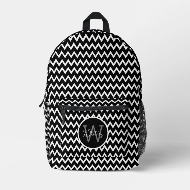 Sac À Dos Imprimé Motif Chevron noir et blanc Monogramme (Recto)