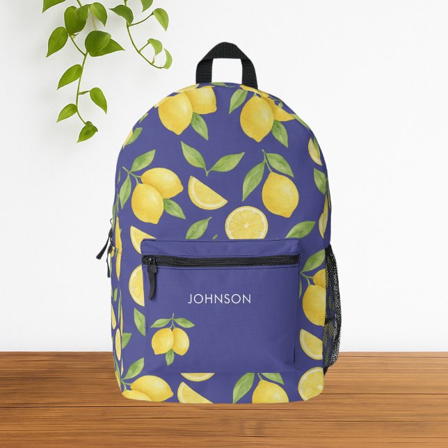 Sac À Dos Imprimé Motif citron bleu aquarelle (Cute Yellow Watercolor Lemon  Pattern Black Backpack)