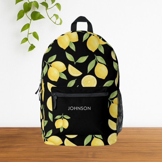 Sac À Dos Imprimé Motif citron noir Aquarelle (Cute Yellow Watercolor Lemon  Pattern Black Backpack)