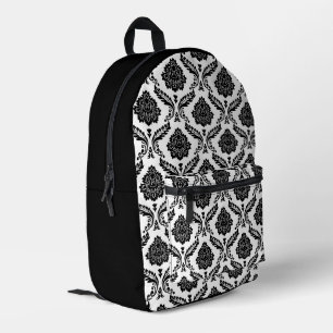 Sac À Dos Imprimé Motif Damassé Rococo Noir sur Fond Blanc