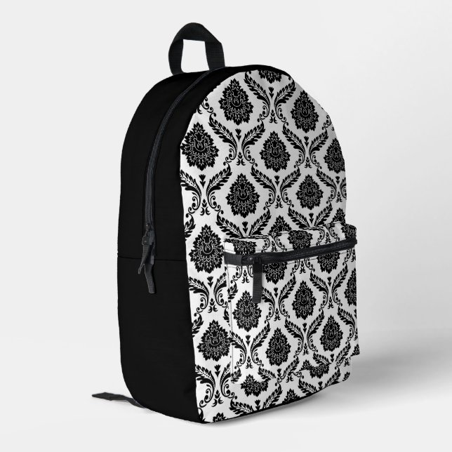 Sac À Dos Imprimé Motif Damassé Rococo Noir sur Fond Blanc (Coin arrière gauche)