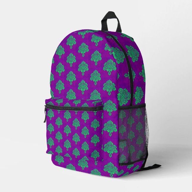 Sac À Dos Imprimé Motif damassé vert sur pourpre (Coin arrière droit)