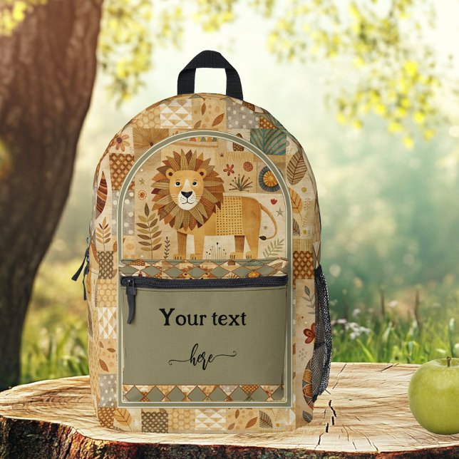 Sac À Dos Imprimé Motif d'art Retro Cute Lion Safari (Retro backpack featuring an art pattern with a cute lion and leaves - great for cat lovers)