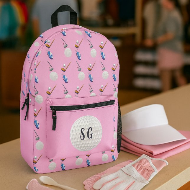 Sac À Dos Imprimé Motif de golf rose rétro Monogramme  (Your new go‑to golf backpack pretty, practical, and perfectly paired with pro‑shop essentials.)