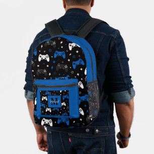 Sac À Dos Imprimé Motif de manette de jeu noir bleu avec monogramme 
