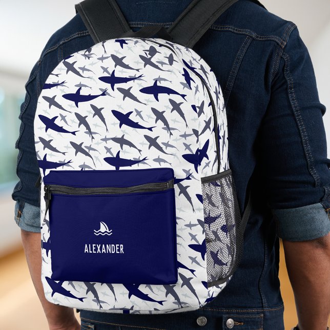 Sac À Dos Imprimé Motif de requin bleu et blanc avec nom Boy (Créateur téléchargé)