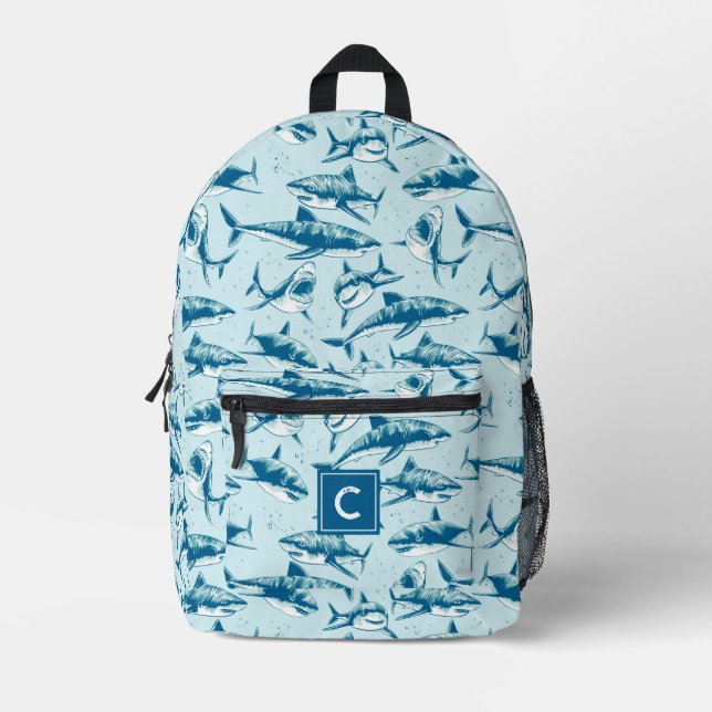 Sac À Dos Imprimé Motif de requin effrayant Aqua Blue Monogramme (Recto)