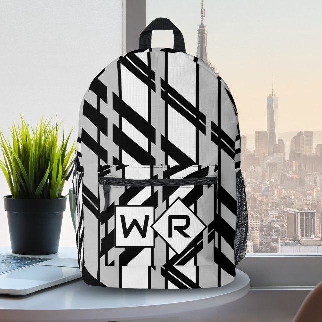 Sac À Dos Imprimé Motif de Skyline Abstrait Noir Blanc Monogramme (Créateur téléchargé)