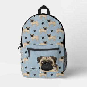 Sac À Dos Imprimé Motif de tapis Chien Pug Faon avec nom Bleu