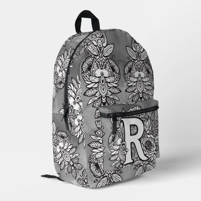 Sac À Dos Imprimé Motif de tatouage floral "R" en monogramme en noir (Coin arrière gauche)