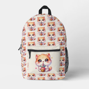 Sac À Dos Imprimé Motif de thé aux bulles mignon chat buvant du boba