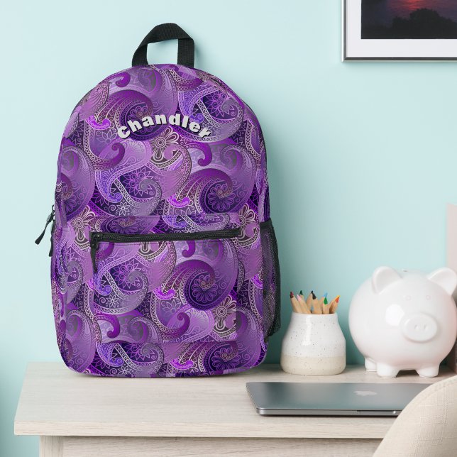 Sac À Dos Imprimé Motif Exotic Purple Paisley avec votre nom (Créateur téléchargé)