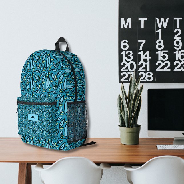 Sac À Dos Imprimé Motif Feuille bleu avec Monogram (Blue Leaves pattern backpack, custom monogram family name. bilingual text multilingual project)