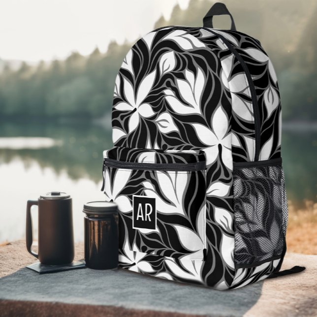 Sac À Dos Imprimé Motif floral moderne noir blanc personnalisé (Cool Black White Modern Floral Pattern Monogrammed Printed Backpack
)